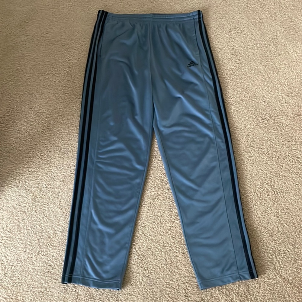Adidas Men’s Joggers. Blue/grey color with black stripes.